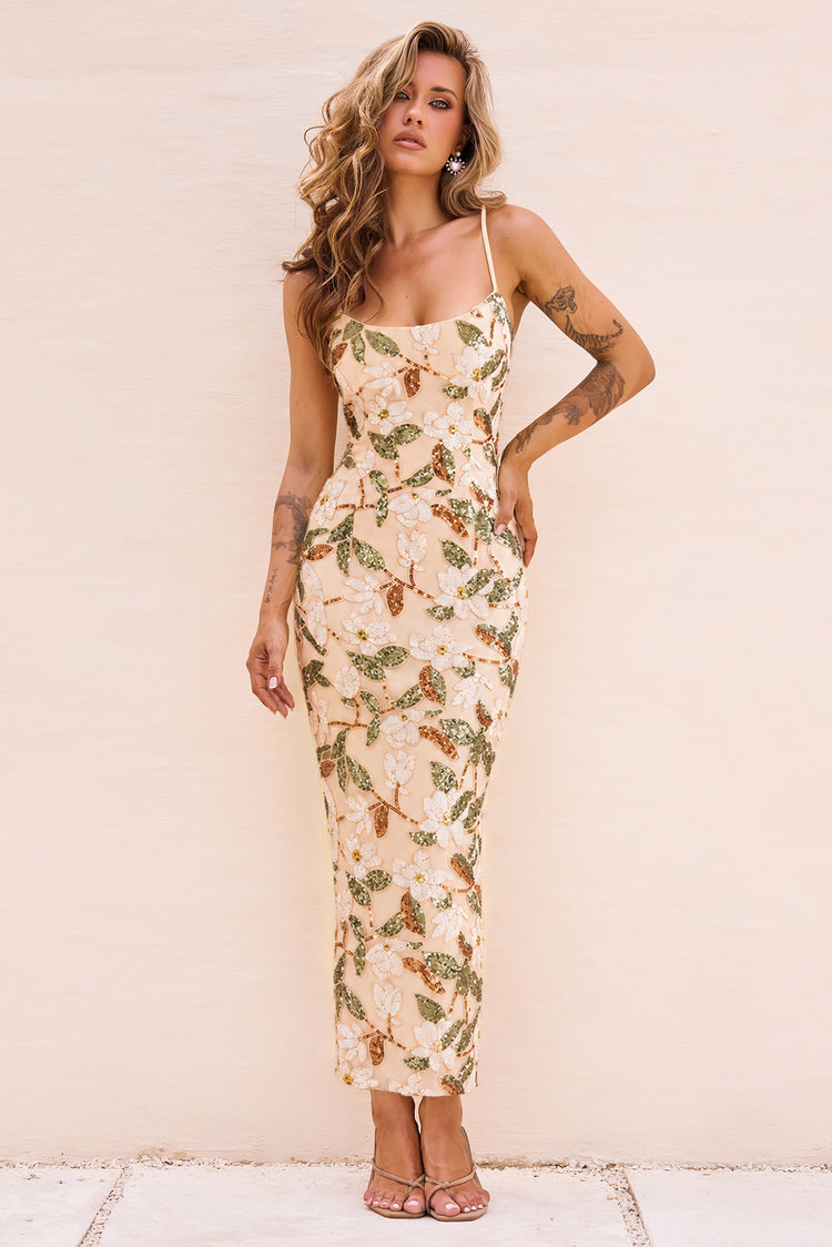Sorrento Bloom Sequin Maxi Dress - Beige Multi