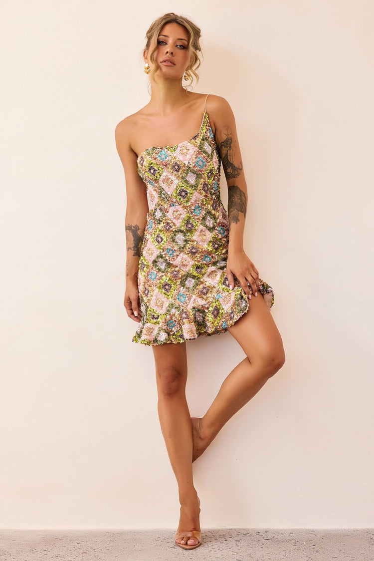 Mirage Mosaic Sequin Mini Dress - Lime Multi-DRESSES