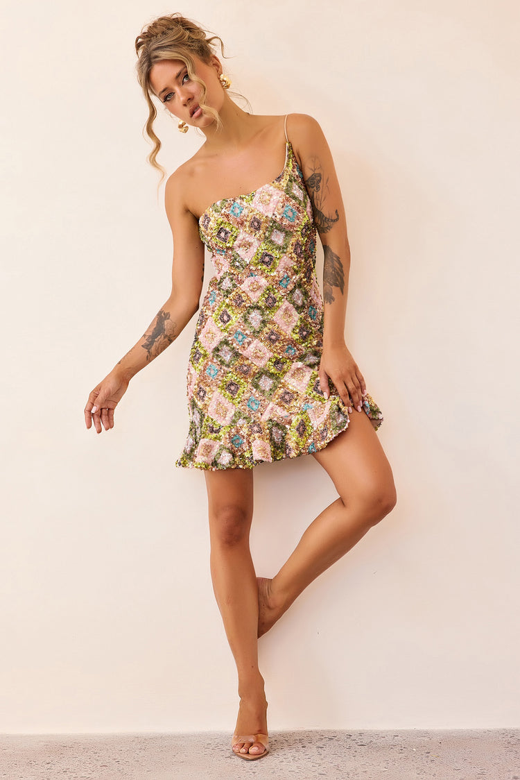 Mirage Mosaic Sequin Mini Dress - Lime Multi-DRESSES