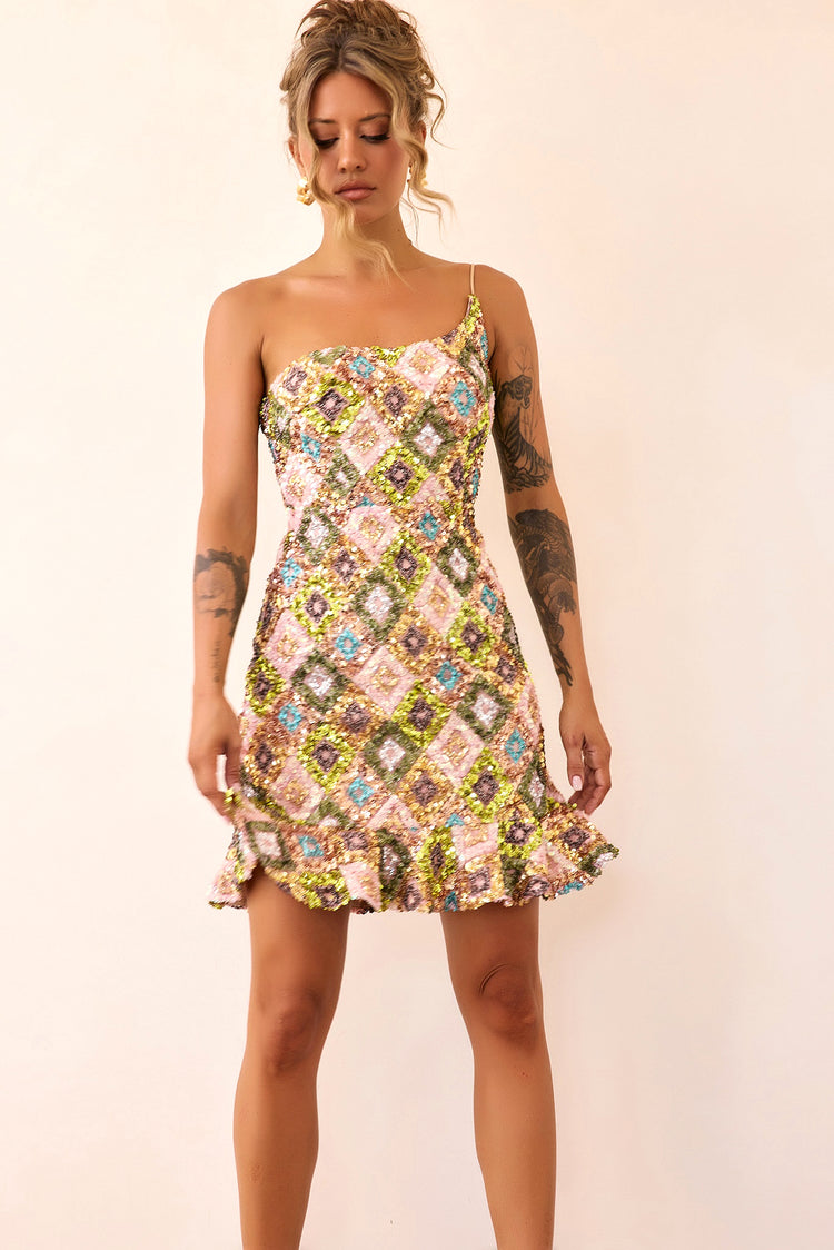 Mirage Mosaic Sequin Mini Dress - Lime Multi-DRESSES