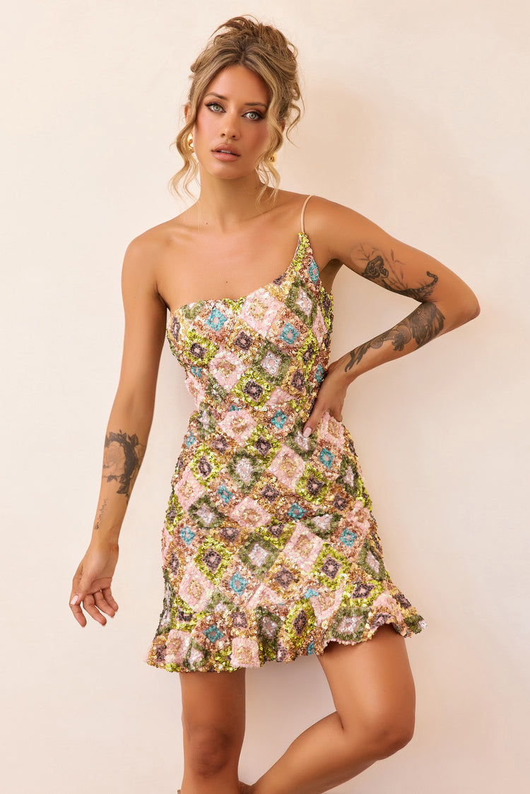 Mirage Mosaic Sequin Mini Dress - Lime Multi-DRESSES