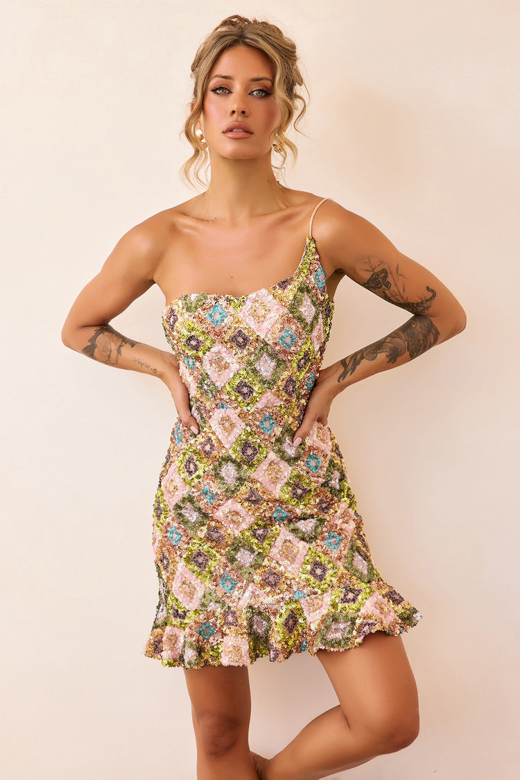 Mirage Mosaic Sequin Mini Dress - Lime Multi-DRESSES