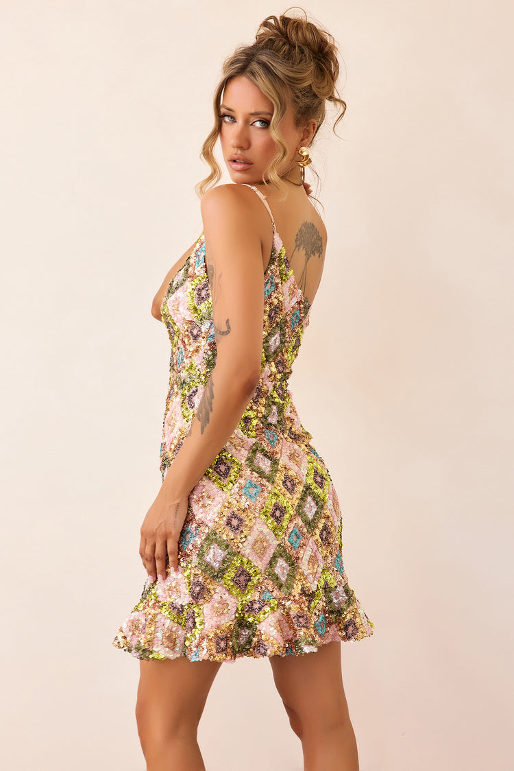Mirage Mosaic Sequin Mini Dress - Lime Multi-DRESSES