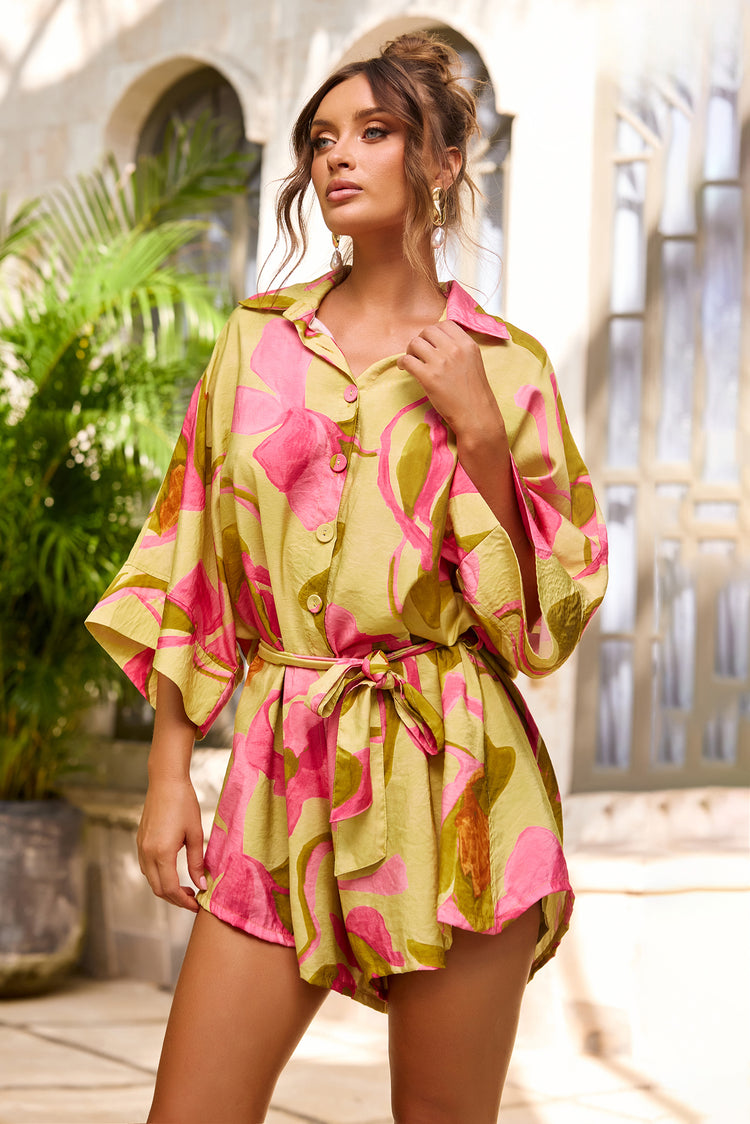 Garden Mirage Woven Playsuit - Lime