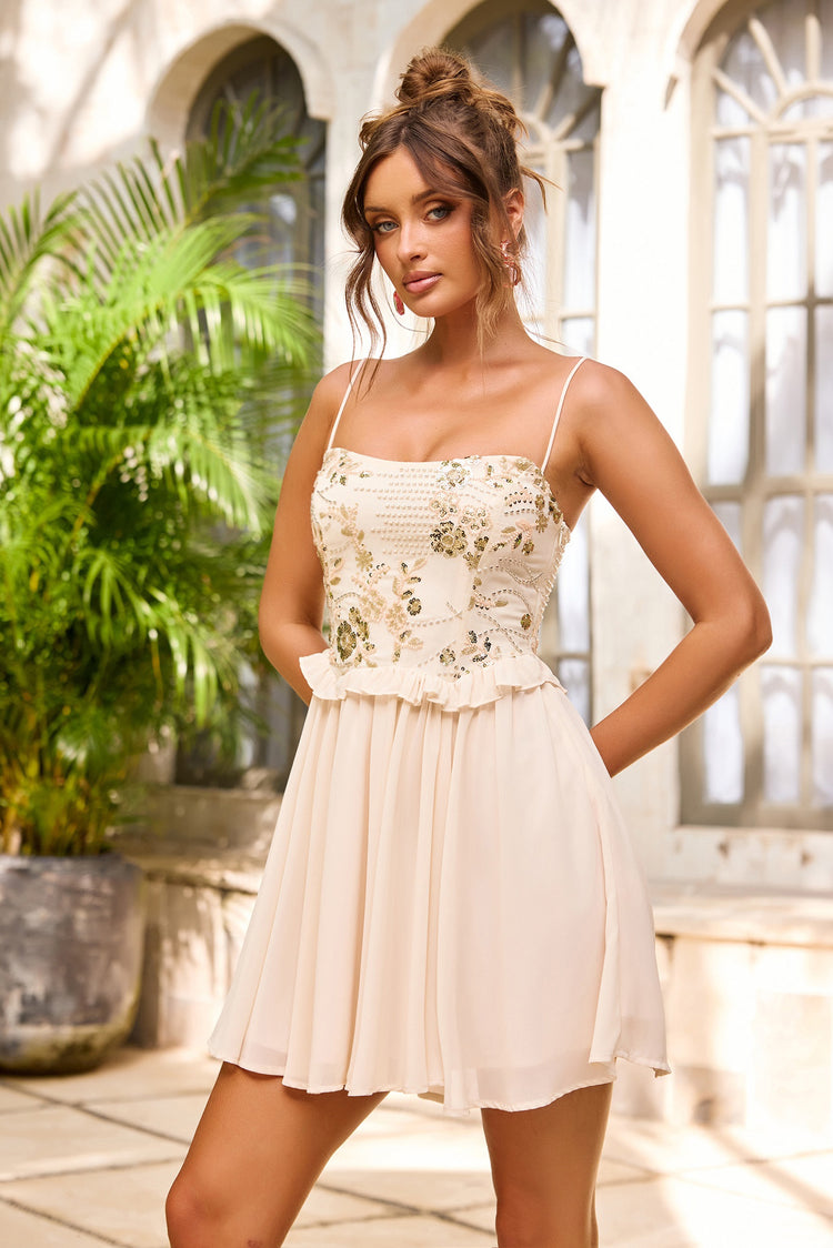 Daylights Whisper Beaded Mini Dress - Beige