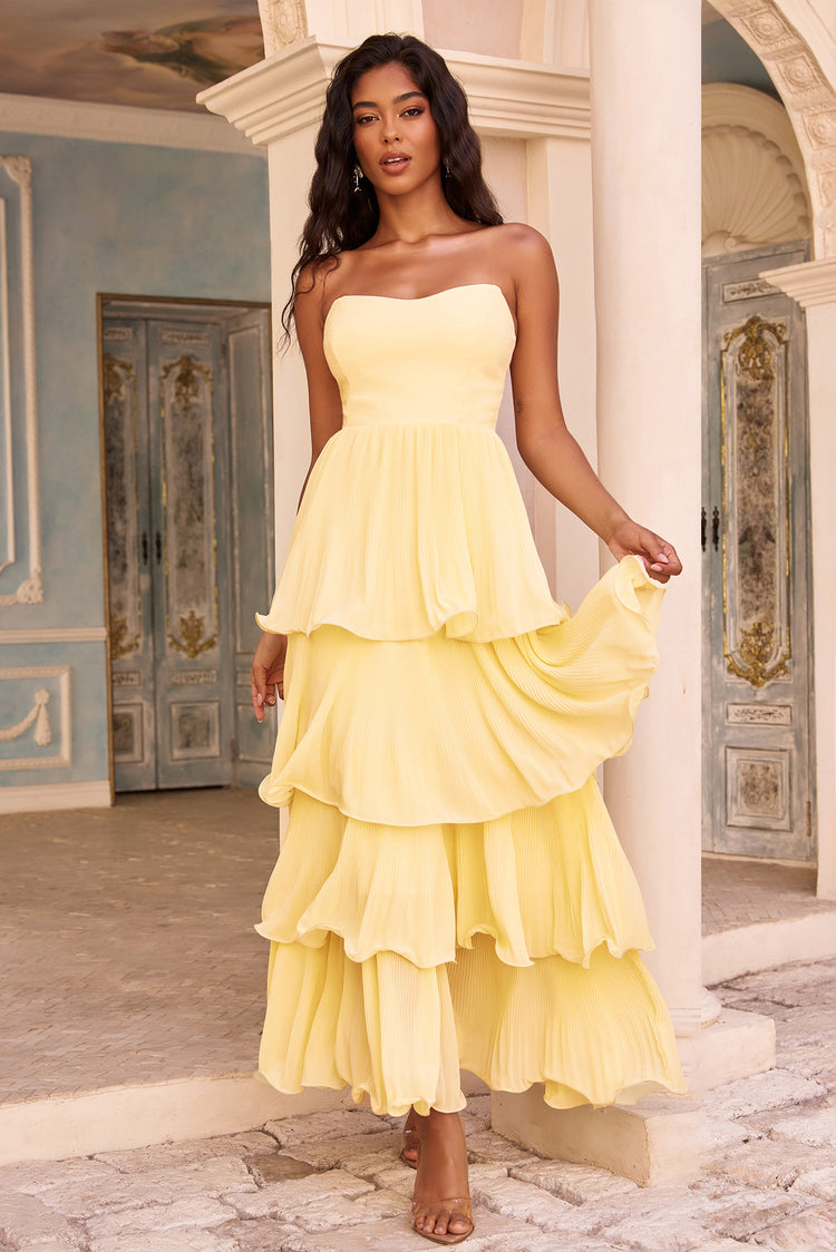 Dancing Petals Chiffon Maxi Dress - Lemon