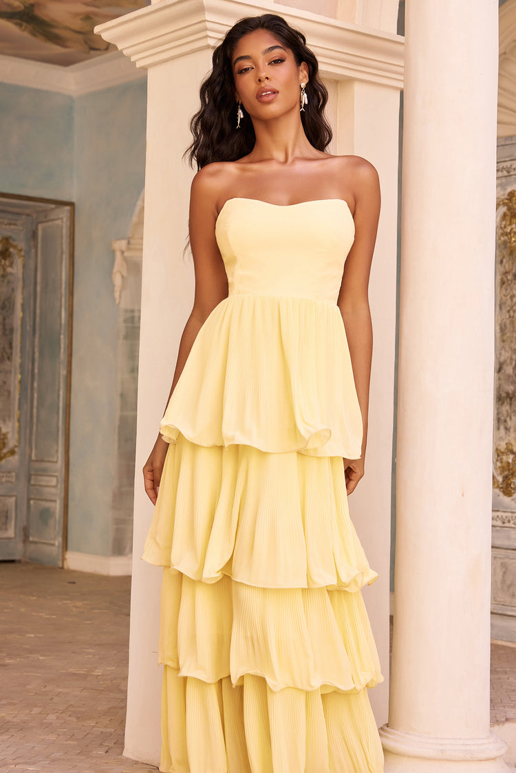 Dancing Petals Chiffon Maxi Dress - Lemon