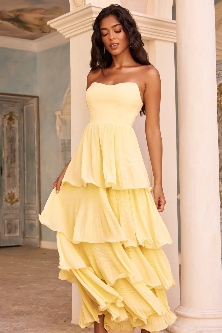 Dancing Petals Chiffon Maxi Dress - Lemon