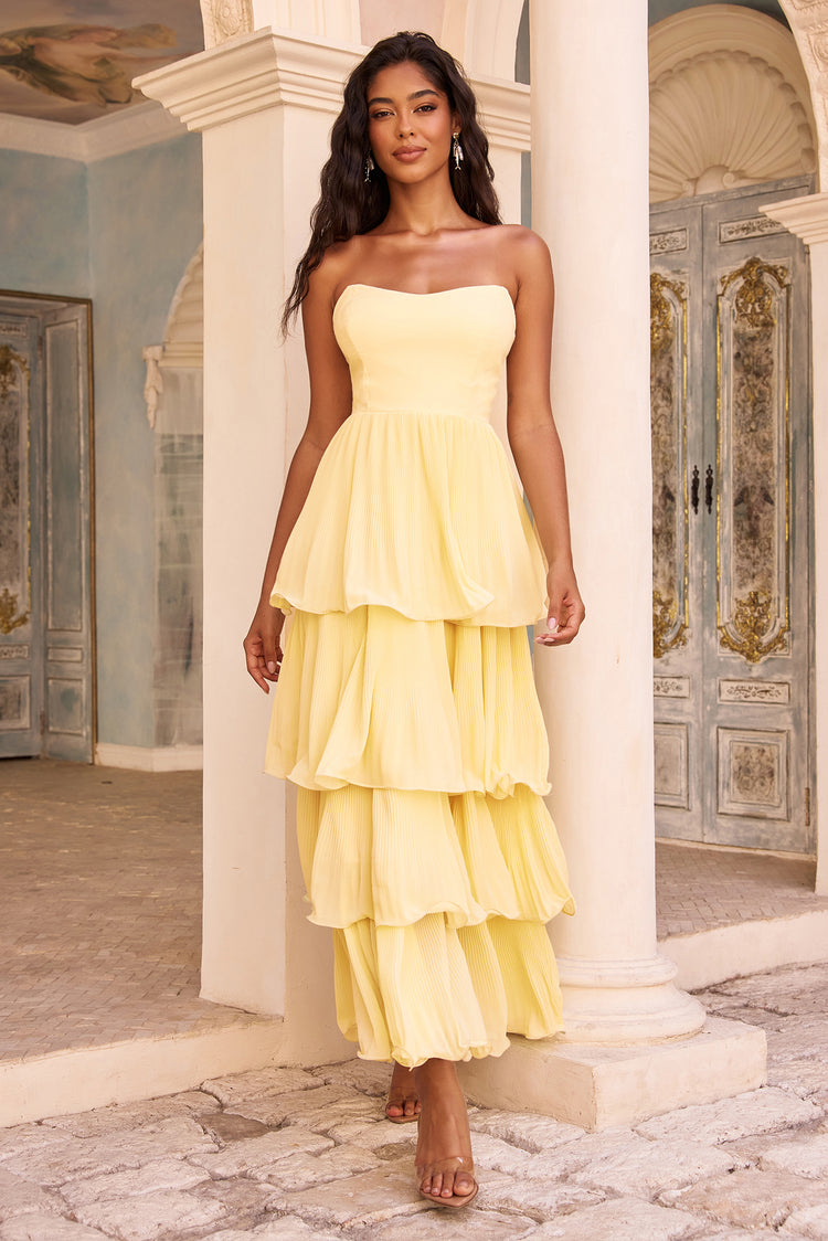 Dancing Petals Chiffon Maxi Dress - Lemon