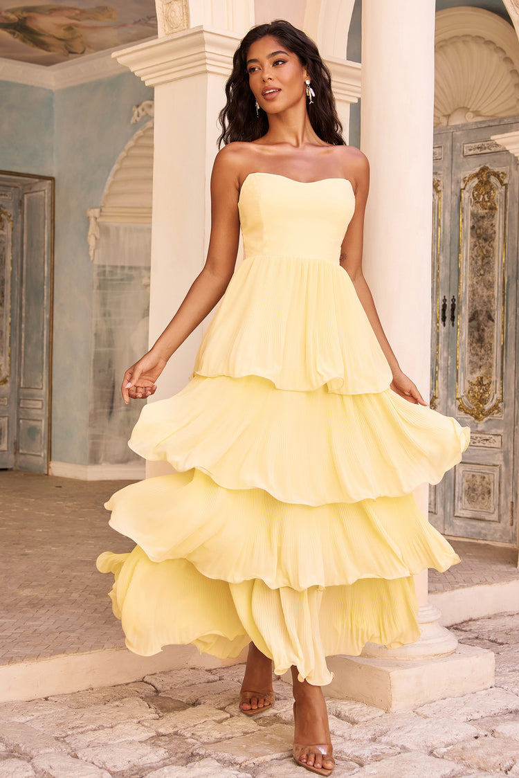 Dancing Petals Chiffon Maxi Dress - Lemon