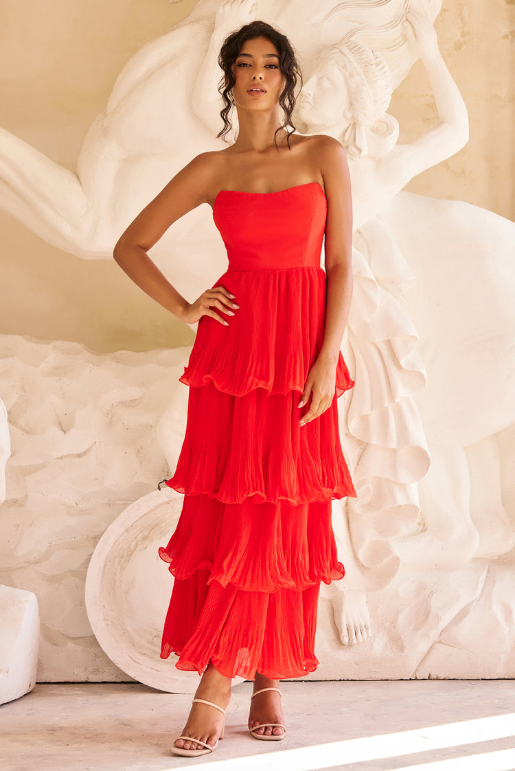 Dancing Petals Chiffon Maxi Dress - Red
