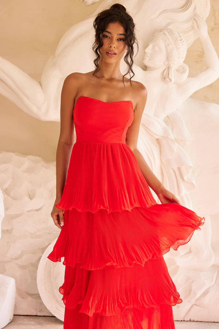 Dancing Petals Chiffon Maxi Dress - Red