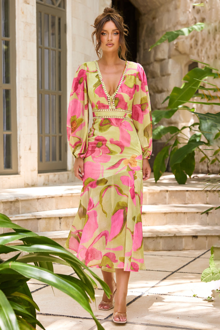 Garden of Devotion Chiffon Midi Dress - Lime