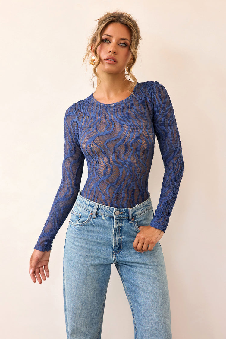 Siren Flow Lace Bodysuit - Midnight Blue-TOPS