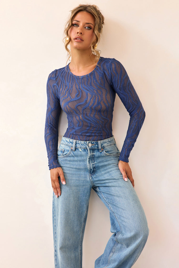 Siren Flow Lace Bodysuit - Midnight Blue-TOPS