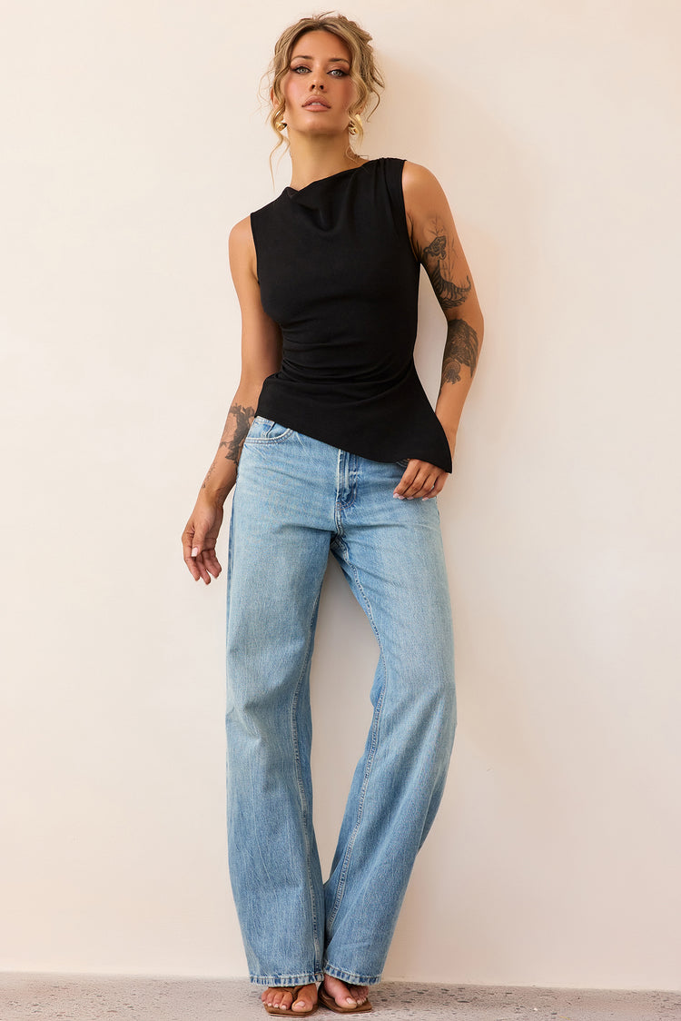 After Dark Drape Jersey Top - Black-TOPS