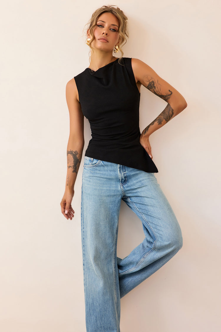 After Dark Drape Jersey Top - Black-TOPS