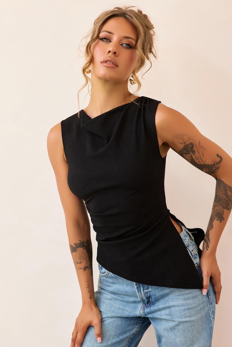 After Dark Drape Jersey Top - Black-TOPS