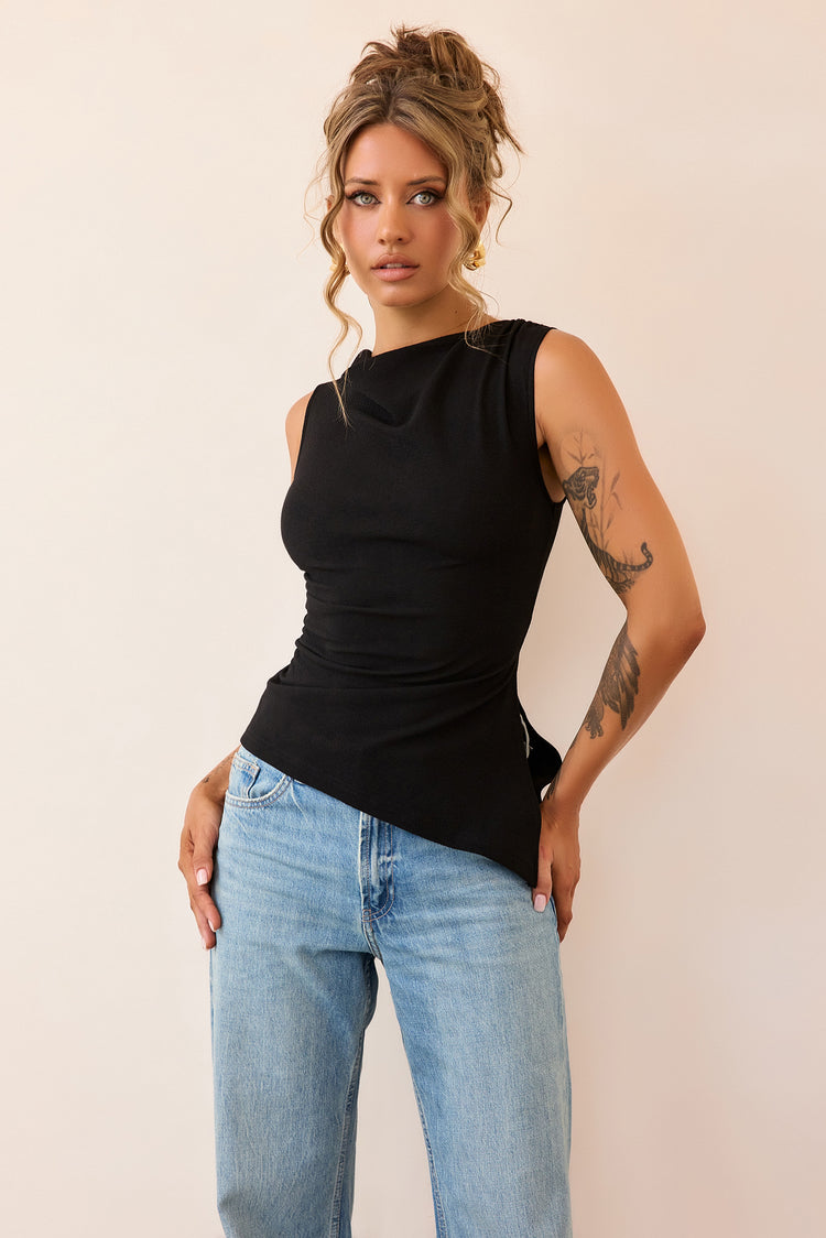 After Dark Drape Jersey Top - Black-TOPS
