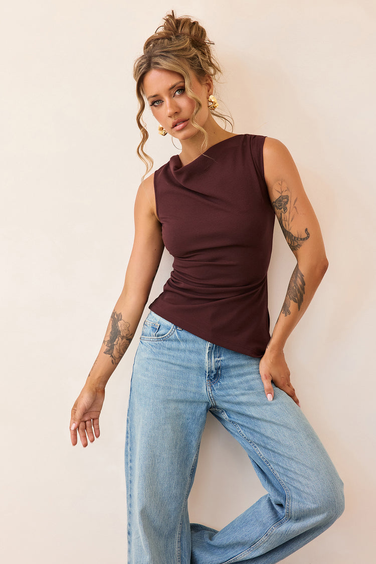 After Dark Drape Jersey Top - Cocoa-TOPS