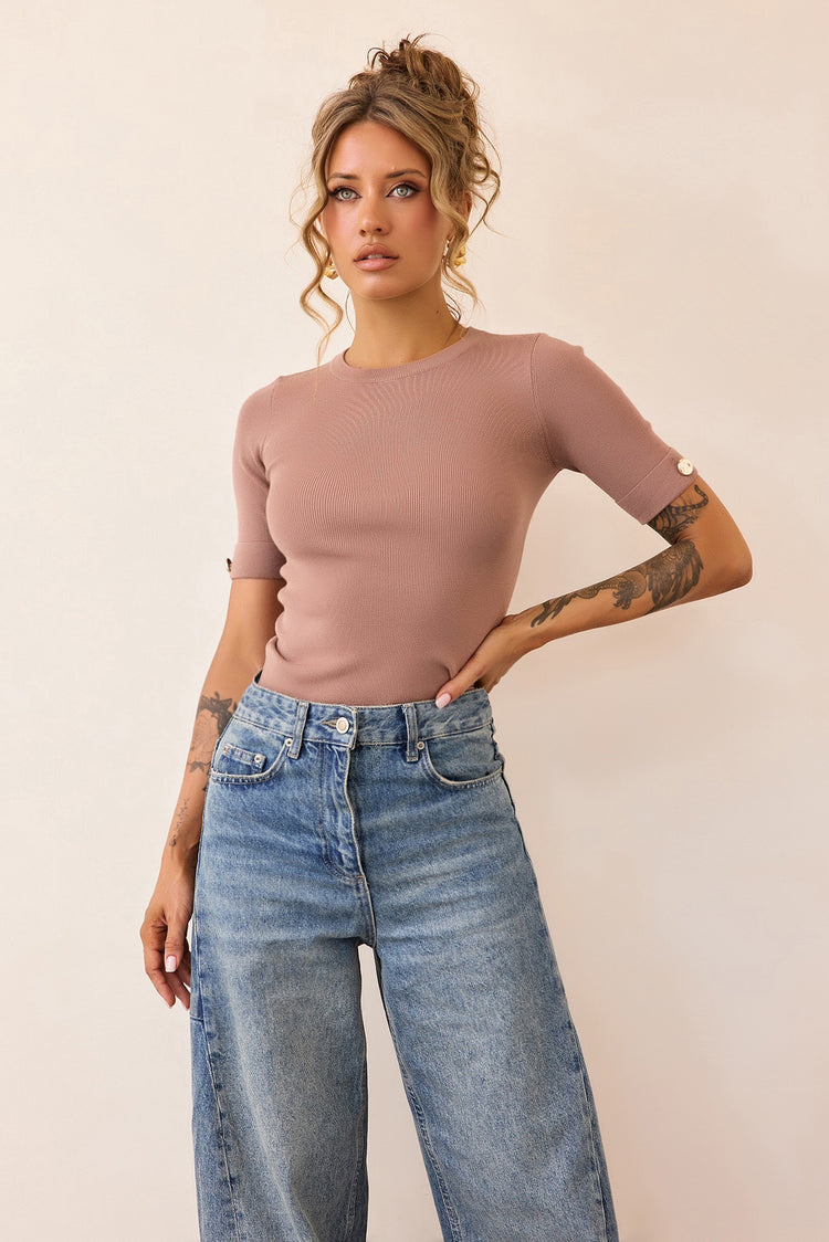 Sculpt Rib Knit Top - Mocha-TOPS