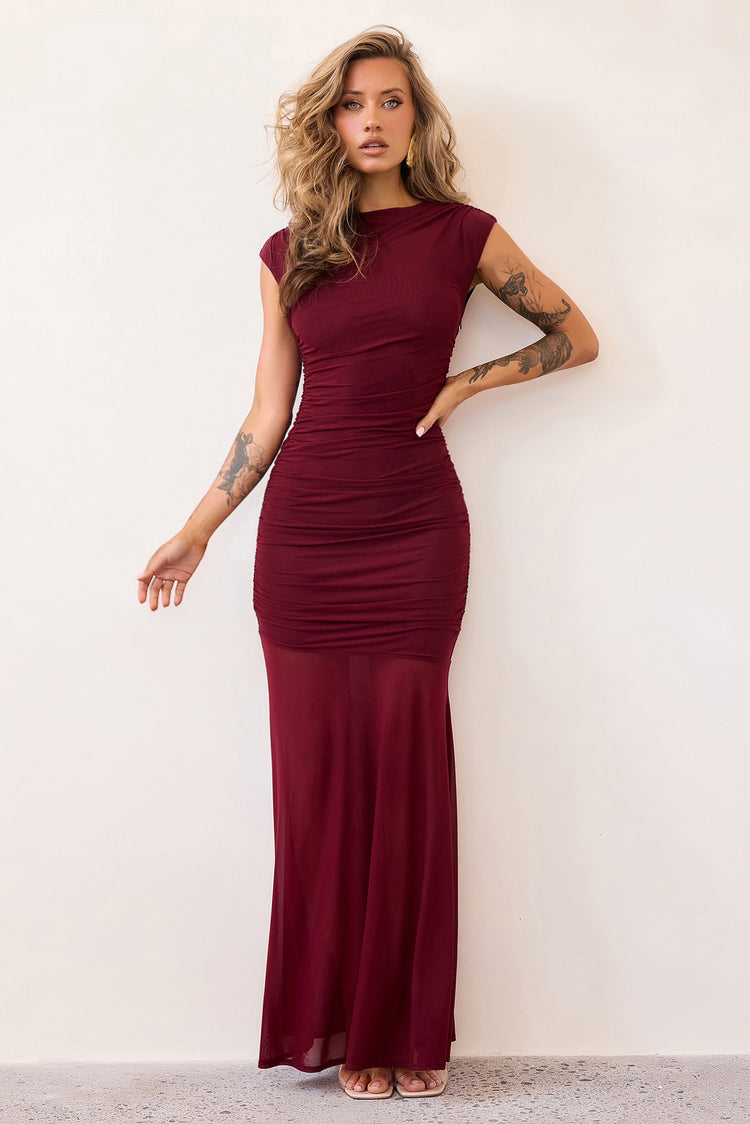 Noir Mesh Maxi Dress - Wine-DRESSES