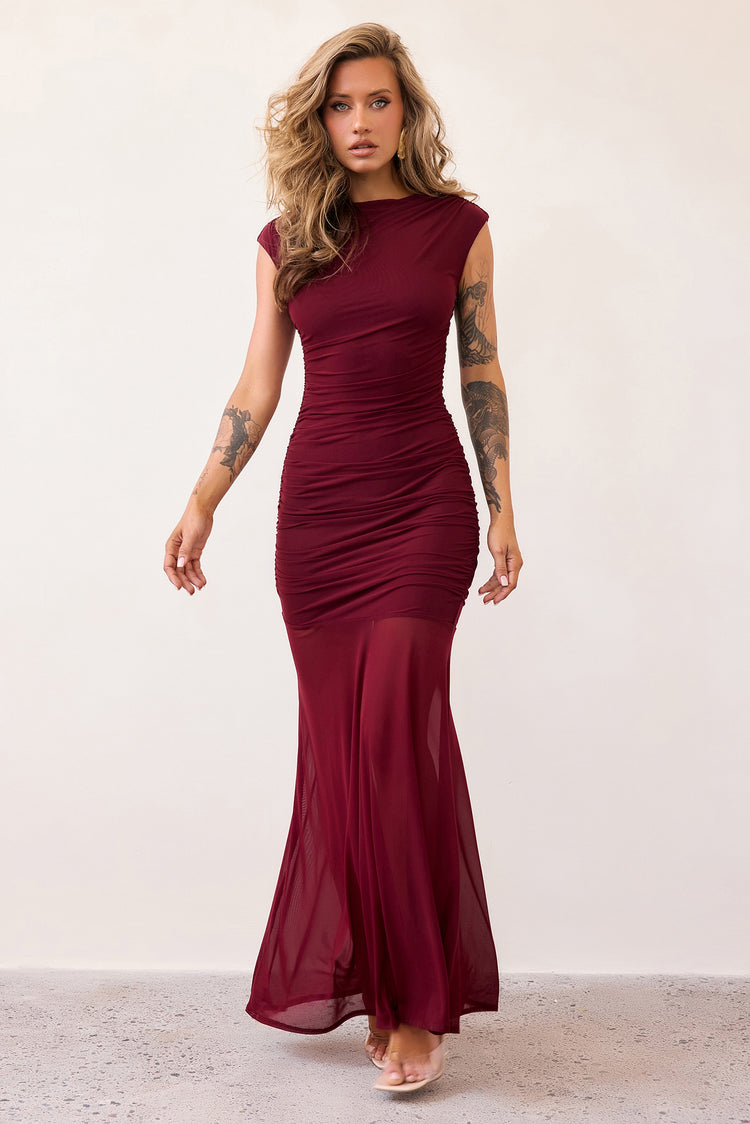 Noir Mesh Maxi Dress - Wine-DRESSES