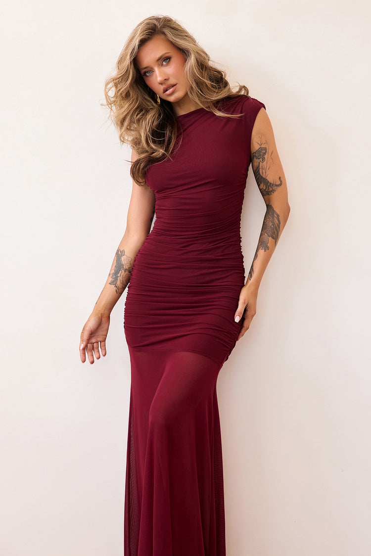 Noir Mesh Maxi Dress - Wine-DRESSES