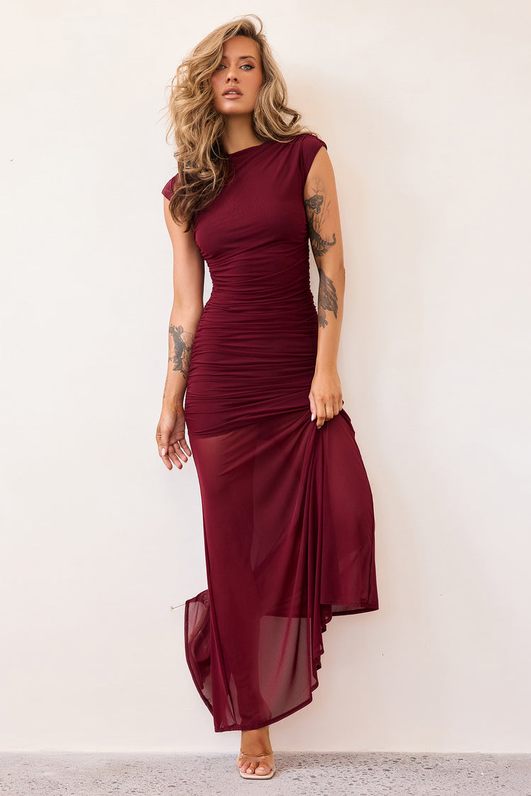 Noir Mesh Maxi Dress - Wine-DRESSES
