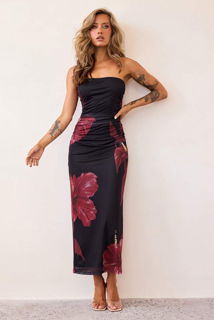 Crimson Whisper Mesh Midi Dress - Black-DRESSES
