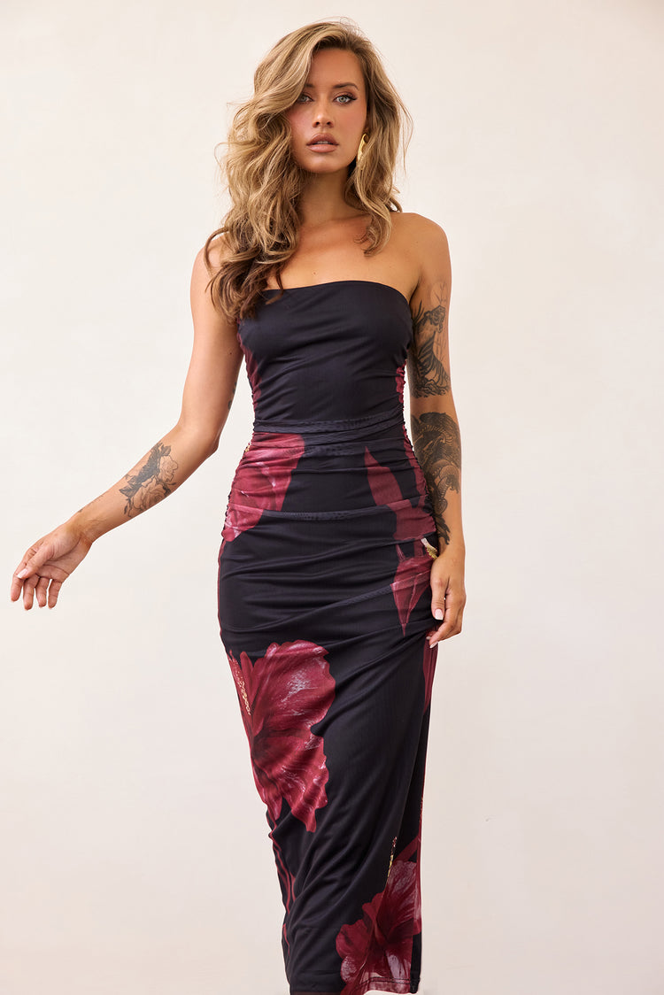 Crimson Whisper Mesh Midi Dress - Black-DRESSES