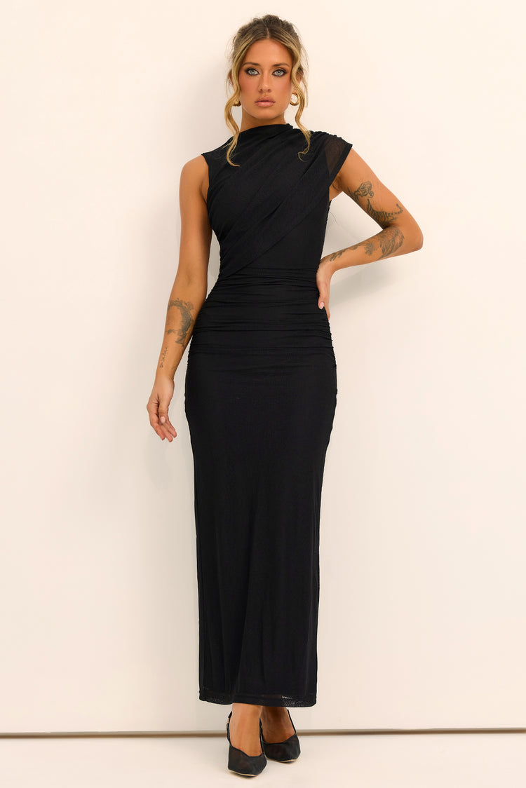 Seraphine Drape Textured Mesh Maxi Dress - Black