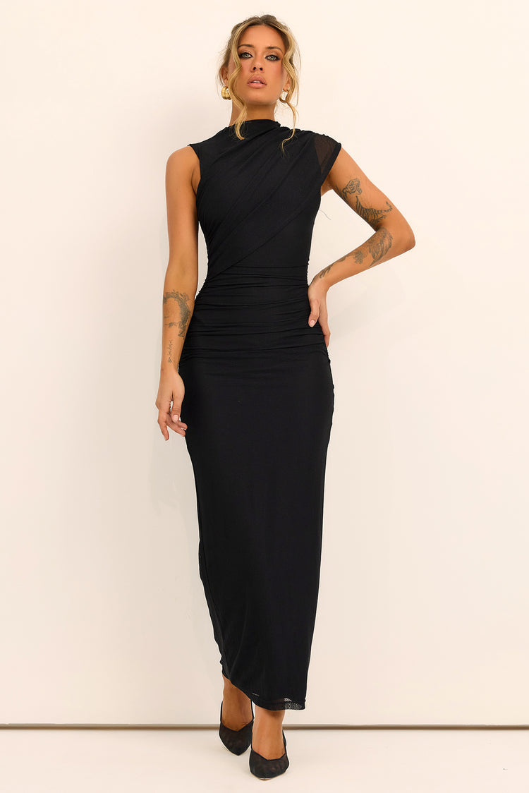 Seraphine Drape Textured Mesh Maxi Dress - Black