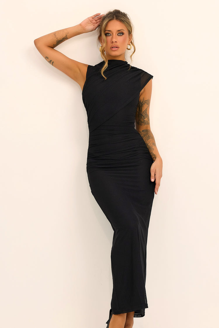 Seraphine Drape Textured Mesh Maxi Dress - Black