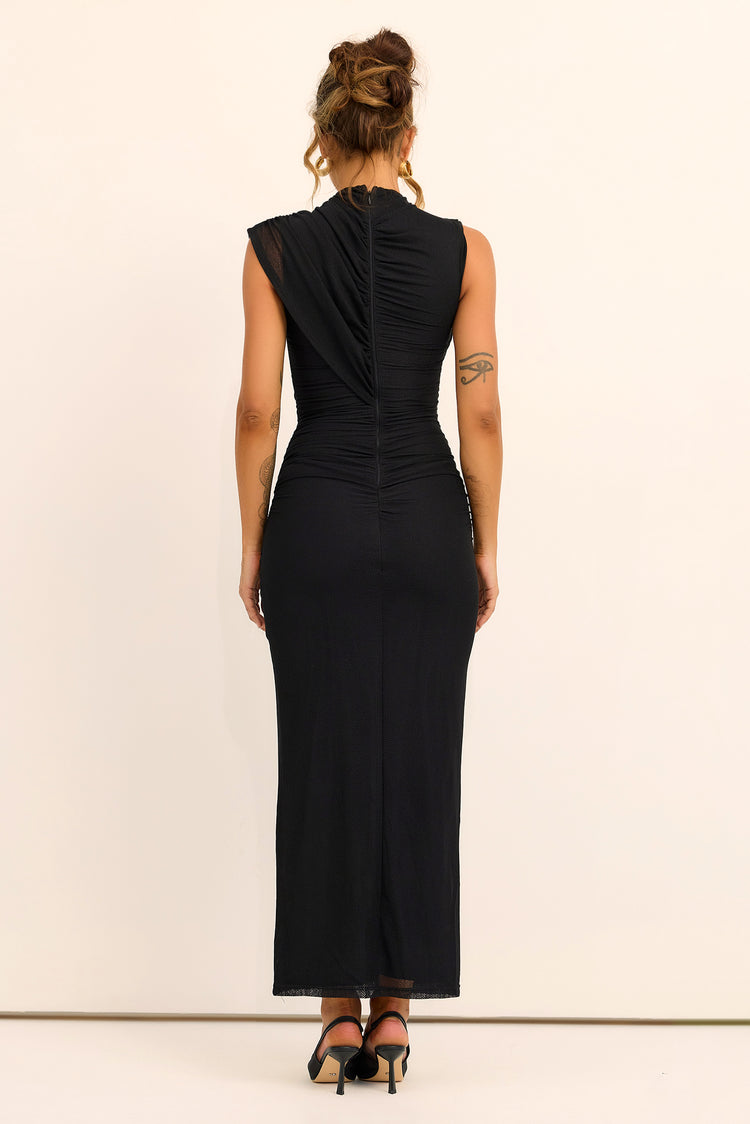 Seraphine Drape Textured Mesh Maxi Dress - Black
