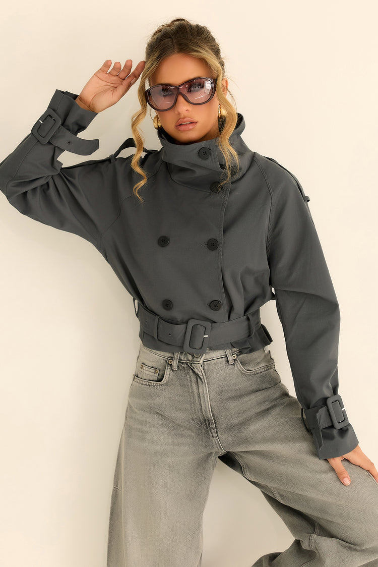 The City Eclipse Woven Cropped Trench - Grey