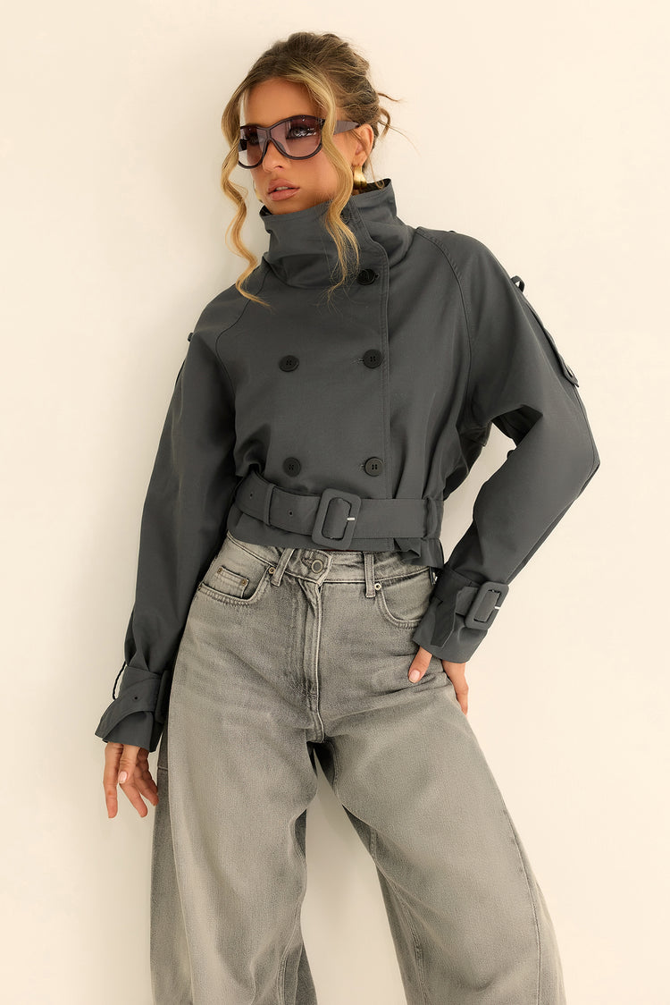 The City Eclipse Woven Cropped Trench - Grey