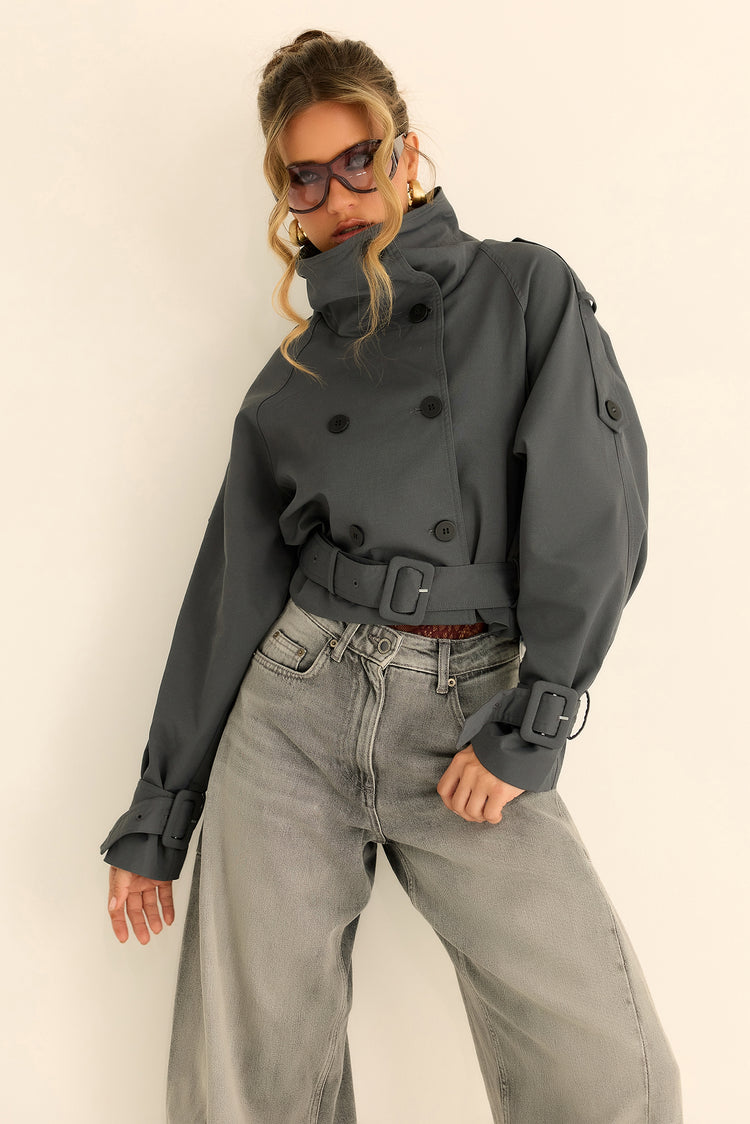 The City Eclipse Woven Cropped Trench - Grey