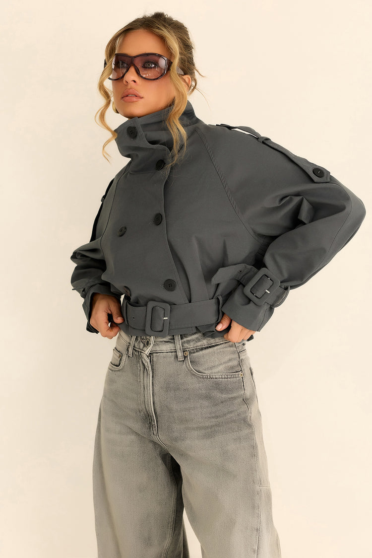 The City Eclipse Woven Cropped Trench - Grey