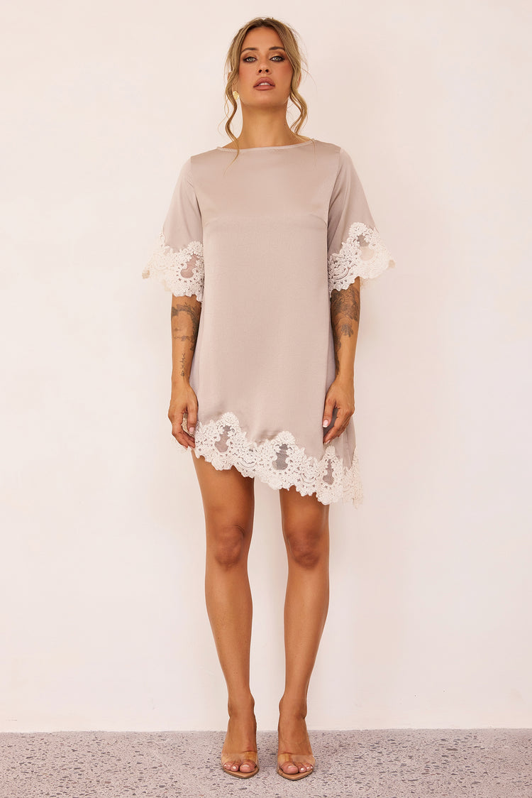 Gilded Petal Satin Mini Dress - Beige