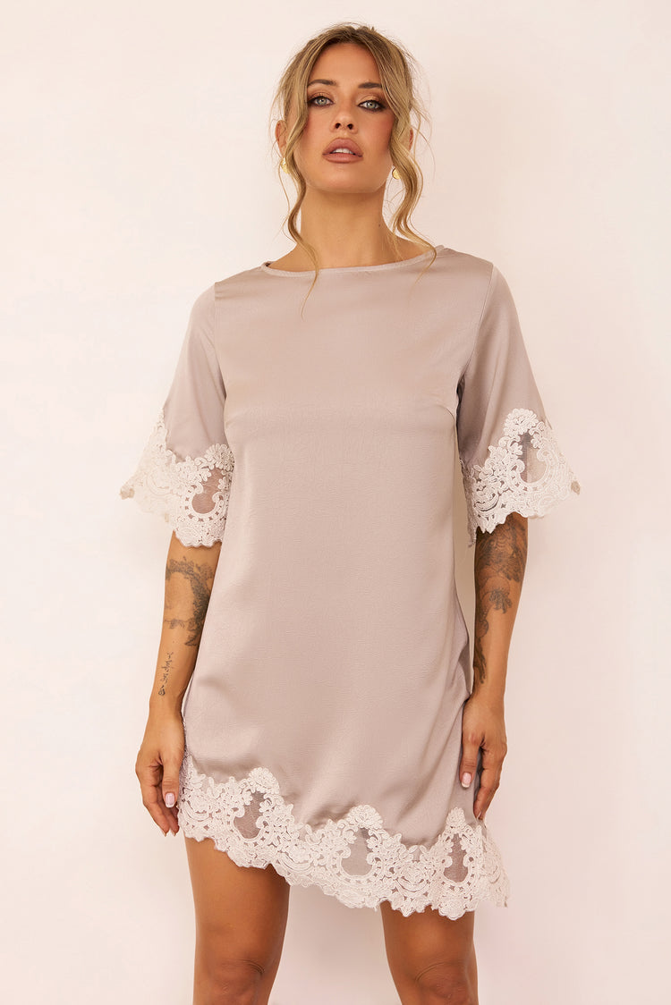 Gilded Petal Satin Mini Dress - Beige