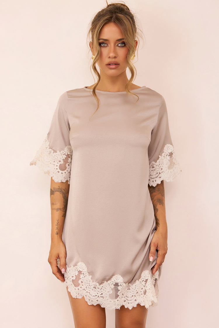 Gilded Petal Satin Mini Dress - Beige
