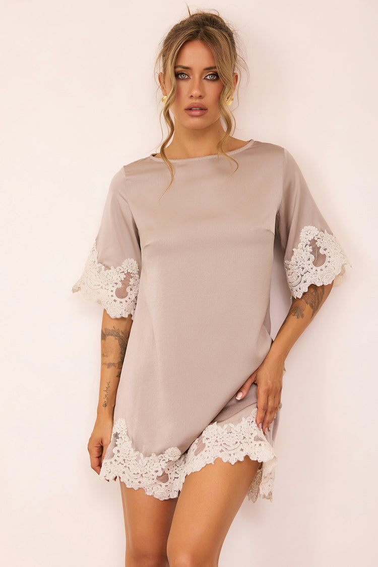 Gilded Petal Satin Mini Dress - Beige