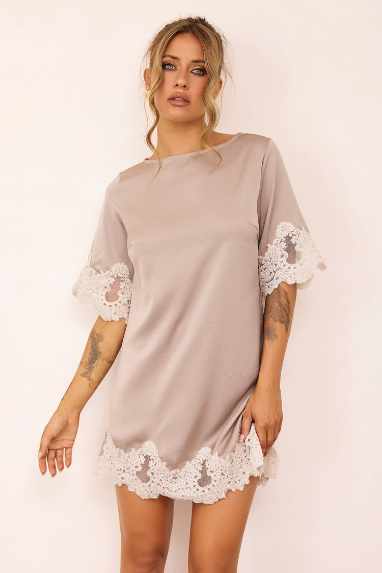Gilded Petal Satin Mini Dress - Beige