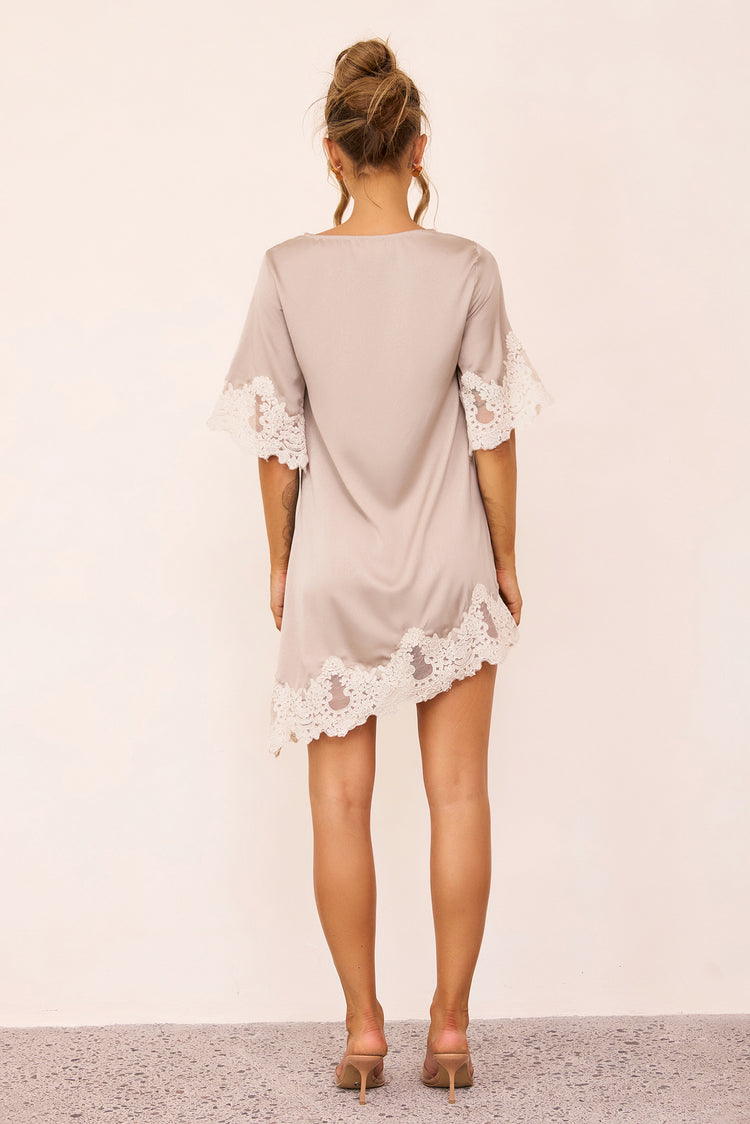 Gilded Petal Satin Mini Dress - Beige