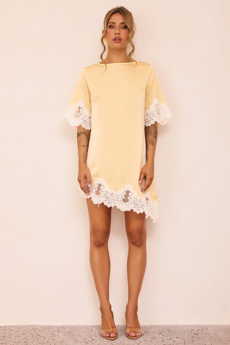 Gilded Petal Satin Mini Dress - Lemon