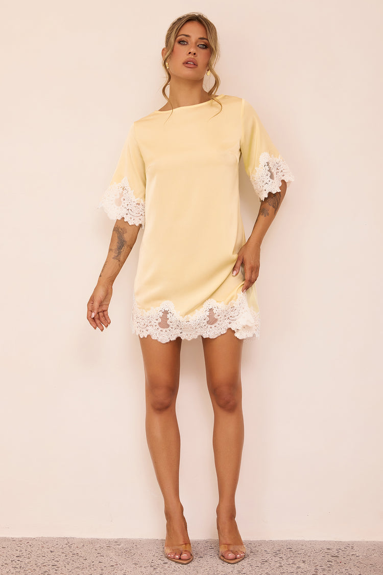 Gilded Petal Satin Mini Dress - Lemon