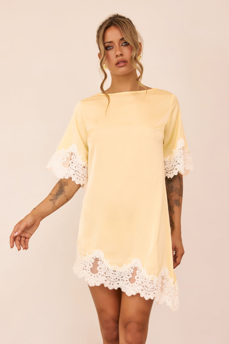 Gilded Petal Satin Mini Dress - Lemon