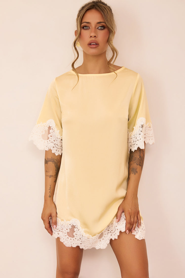 Gilded Petal Satin Mini Dress - Lemon