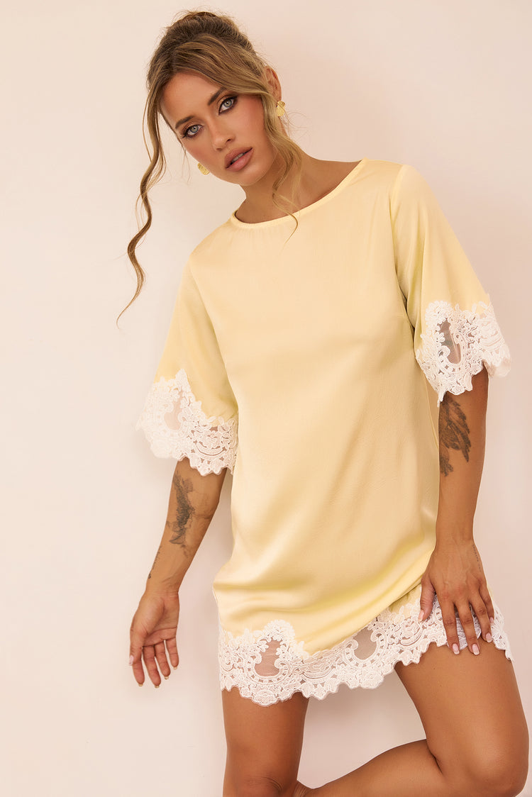 Gilded Petal Satin Mini Dress - Lemon